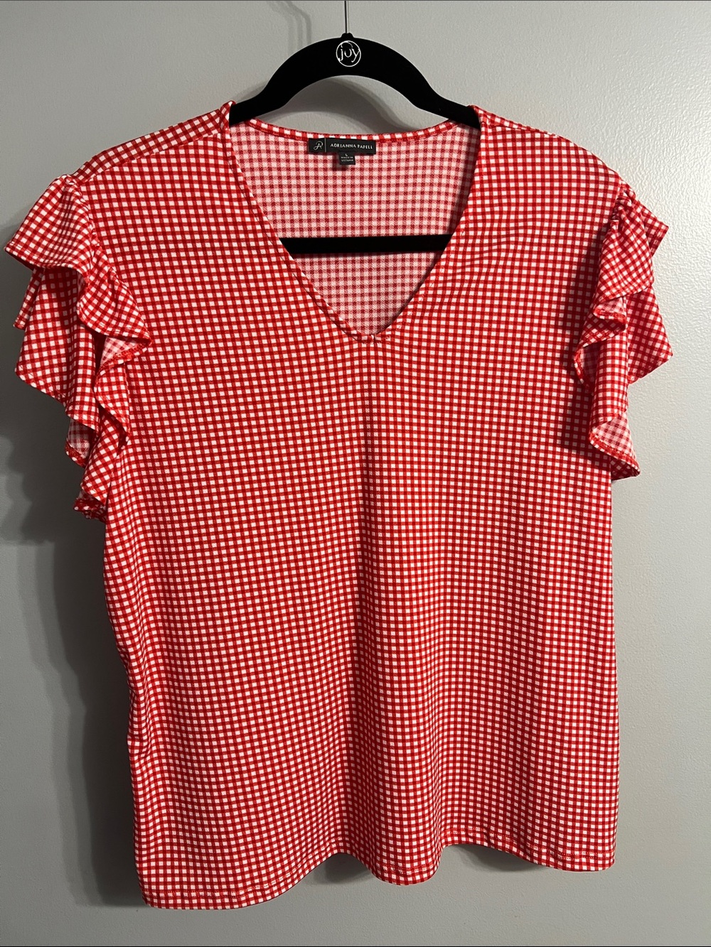Adrianna Papell Red Gingham V-Neck Ruffle Sleeve Blouse